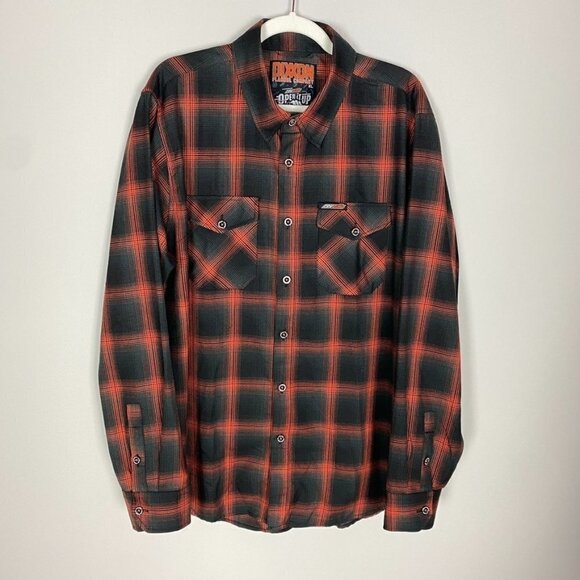 Dixxon Revzilla Black Orange Plaid Button Up Flannel Shirt Long Sleeve Mens XL